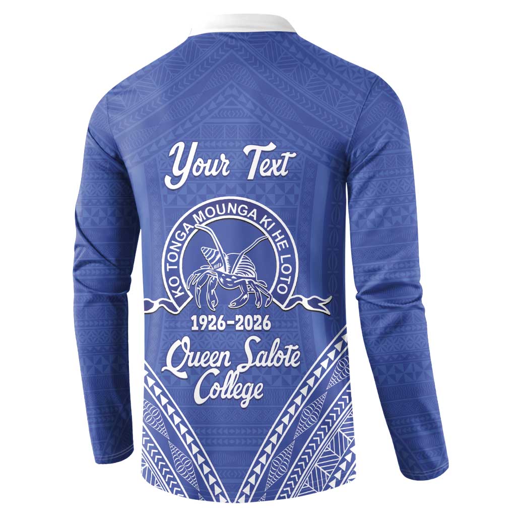 Queen Salote College 100 Years Personalized Button Sweatshirt Tonga QSC Heilala Lei Blue Ngatu Pattern LT14 - Polynesian Pride