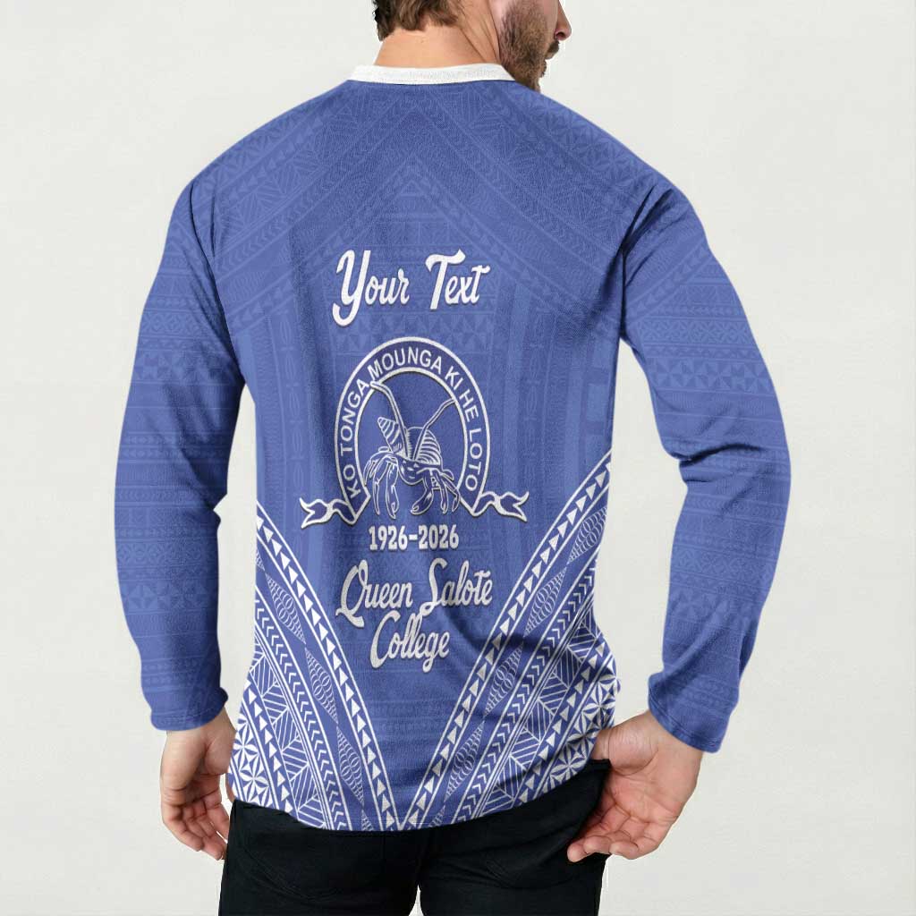 Queen Salote College 100 Years Personalized Button Sweatshirt Tonga QSC Heilala Lei Blue Ngatu Pattern LT14 - Polynesian Pride