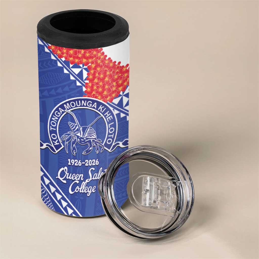 Queen Salote College 100 Years Personalized 4 in 1 Can Cooler Tumbler Tonga QSC Heilala Lei Blue Ngatu Pattern LT14 - Polynesian Pride