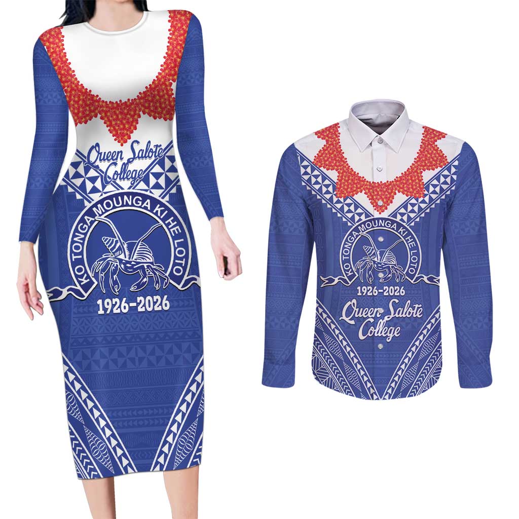 Queen Salote College 100 Years Personalized Couples Matching Long Sleeve Bodycon Dress and Long Sleeve Button Shirt Tonga QSC Heilala Lei Blue Ngatu Pattern LT14 Blue - Polynesian Pride