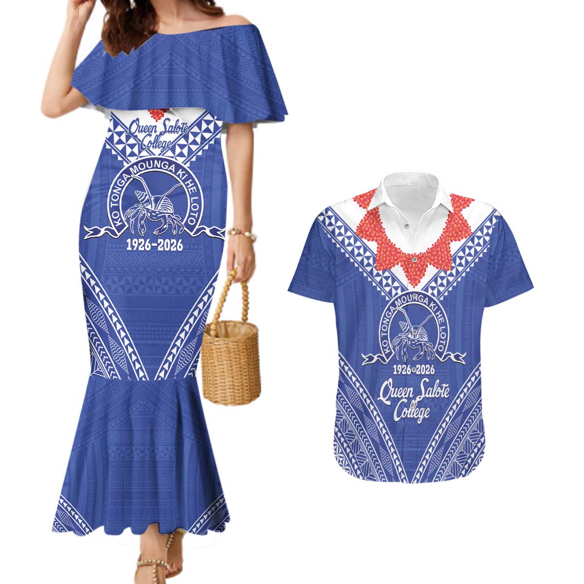 Queen Salote College 100 Years Personalized Couples Matching Mermaid Dress and Hawaiian Shirt Tonga QSC Heilala Lei Blue Ngatu Pattern LT14 Blue - Polynesian Pride