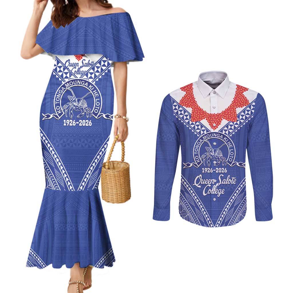 Queen Salote College 100 Years Personalized Couples Matching Mermaid Dress and Long Sleeve Button Shirt Tonga QSC Heilala Lei Blue Ngatu Pattern LT14 Blue - Polynesian Pride