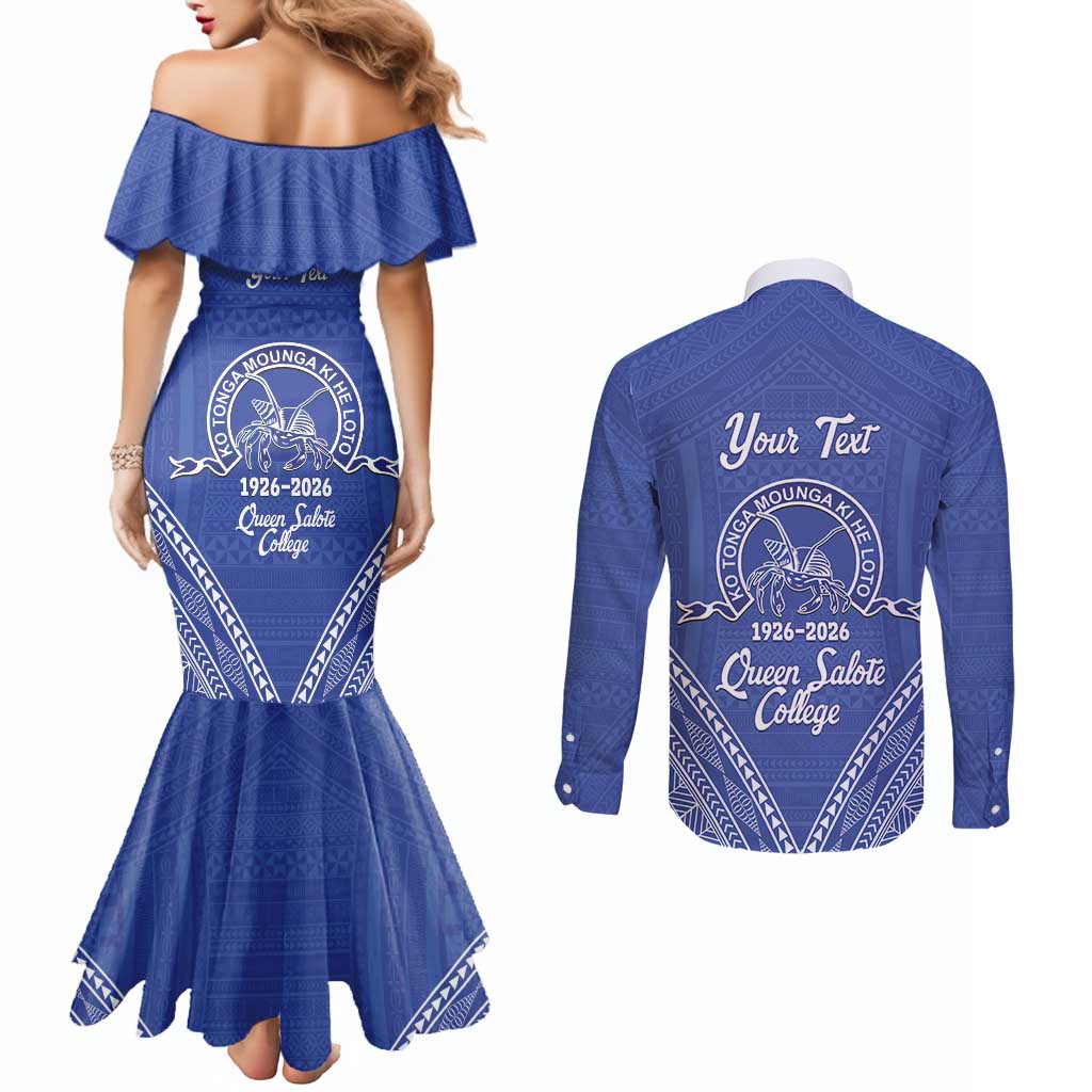 Queen Salote College 100 Years Personalized Couples Matching Mermaid Dress and Long Sleeve Button Shirt Tonga QSC Heilala Lei Blue Ngatu Pattern LT14 - Polynesian Pride