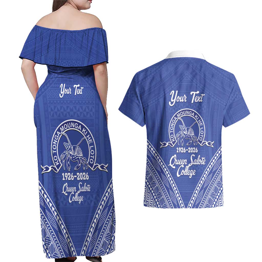 Queen Salote College 100 Years Personalized Couples Matching Off Shoulder Maxi Dress and Hawaiian Shirt Tonga QSC Heilala Lei Blue Ngatu Pattern LT14 - Polynesian Pride
