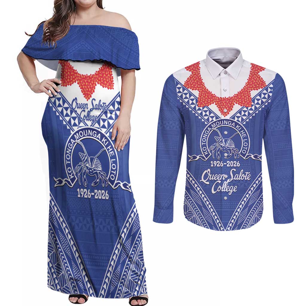 Queen Salote College 100 Years Personalized Couples Matching Off Shoulder Maxi Dress and Long Sleeve Button Shirt Tonga QSC Heilala Lei Blue Ngatu Pattern LT14 Blue - Polynesian Pride