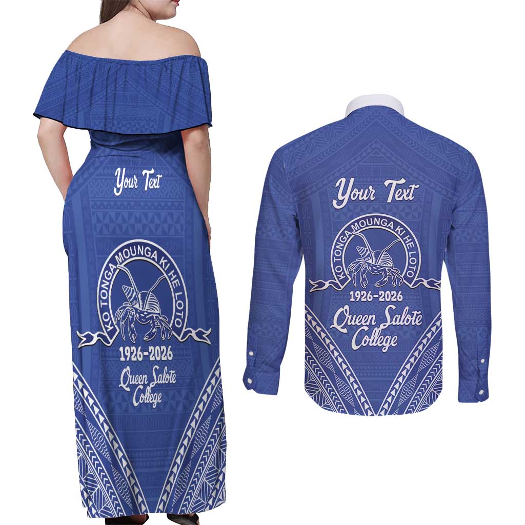 Queen Salote College 100 Years Personalized Couples Matching Off Shoulder Maxi Dress and Long Sleeve Button Shirt Tonga QSC Heilala Lei Blue Ngatu Pattern LT14 - Polynesian Pride