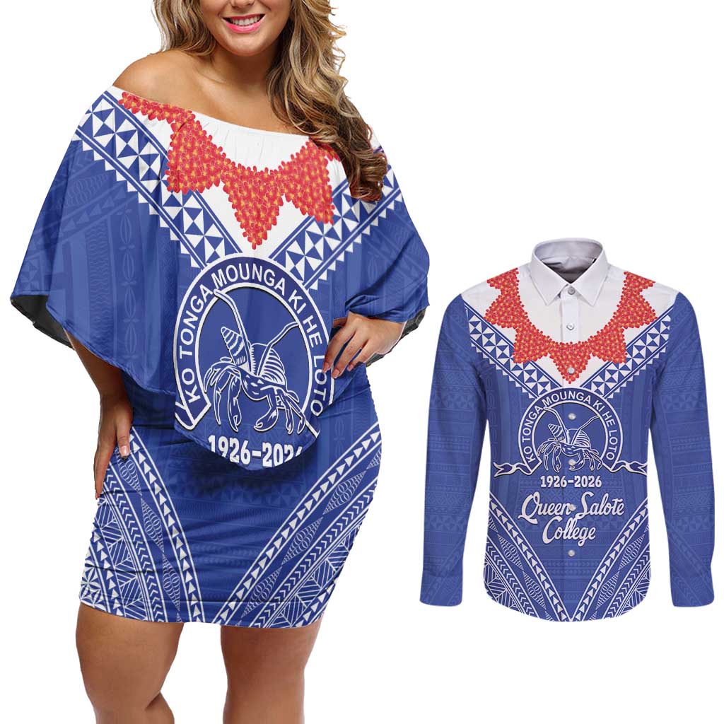 Queen Salote College 100 Years Personalized Couples Matching Off Shoulder Short Dress and Long Sleeve Button Shirt Tonga QSC Heilala Lei Blue Ngatu Pattern LT14 Blue - Polynesian Pride