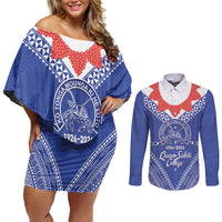 Queen Salote College 100 Years Personalized Couples Matching Off Shoulder Short Dress and Long Sleeve Button Shirt Tonga QSC Heilala Lei Blue Ngatu Pattern LT14 Blue - Polynesian Pride