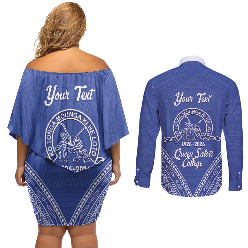 Queen Salote College 100 Years Personalized Couples Matching Off Shoulder Short Dress and Long Sleeve Button Shirt Tonga QSC Heilala Lei Blue Ngatu Pattern LT14 - Polynesian Pride