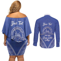 Queen Salote College 100 Years Personalized Couples Matching Off Shoulder Short Dress and Long Sleeve Button Shirt Tonga QSC Heilala Lei Blue Ngatu Pattern LT14 - Polynesian Pride