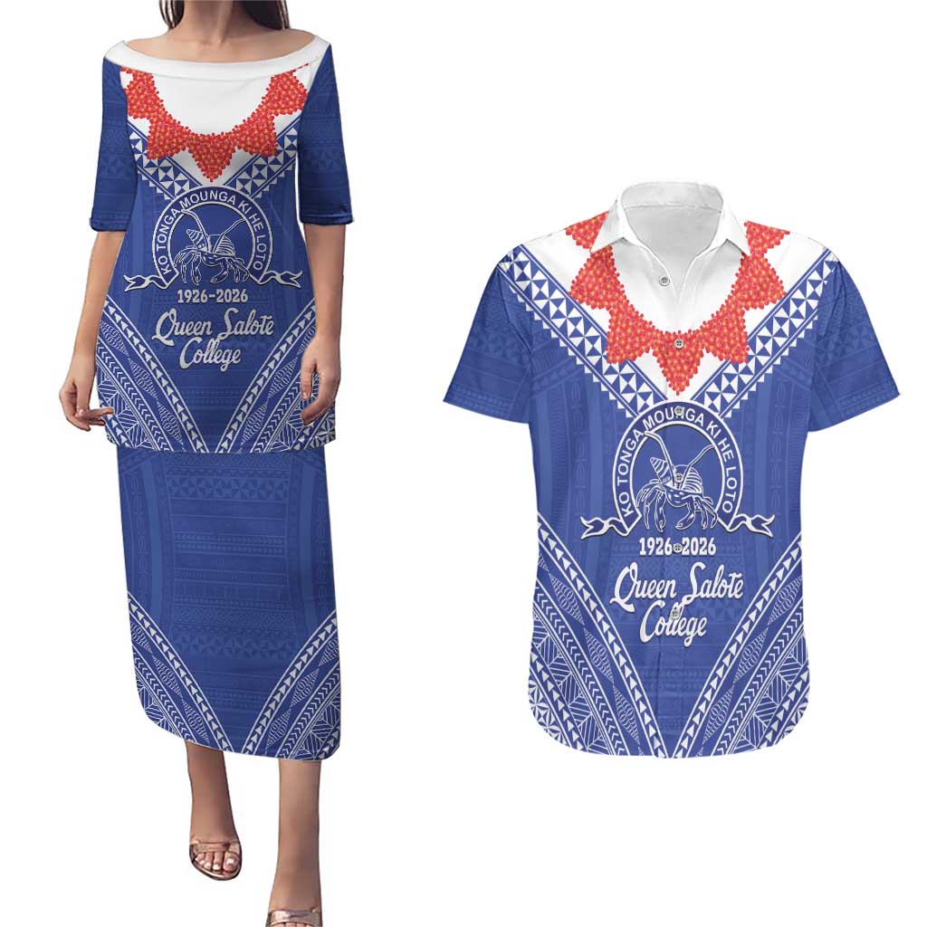 Queen Salote College 100 Years Personalized Couples Matching Puletasi and Hawaiian Shirt Tonga QSC Heilala Lei Blue Ngatu Pattern LT14 Blue - Polynesian Pride