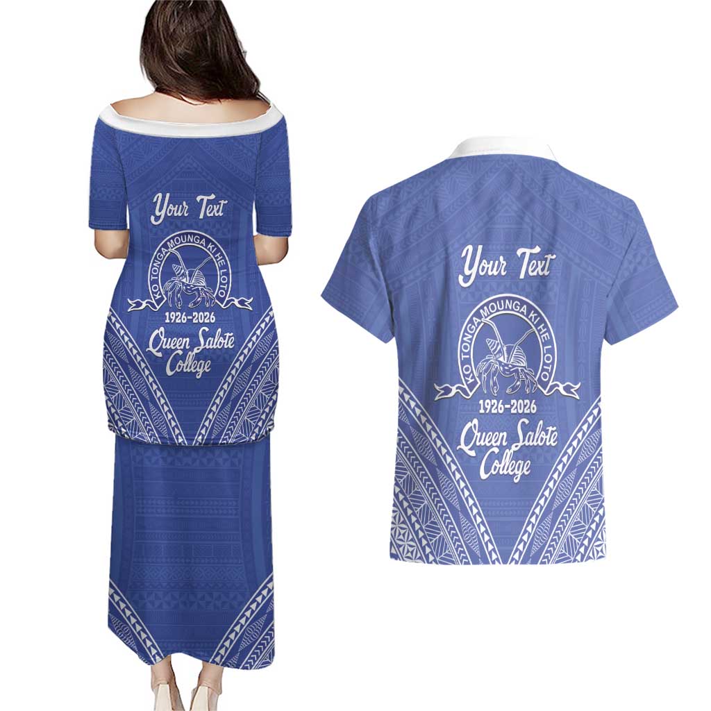 Queen Salote College 100 Years Personalized Couples Matching Puletasi and Hawaiian Shirt Tonga QSC Heilala Lei Blue Ngatu Pattern LT14 - Polynesian Pride