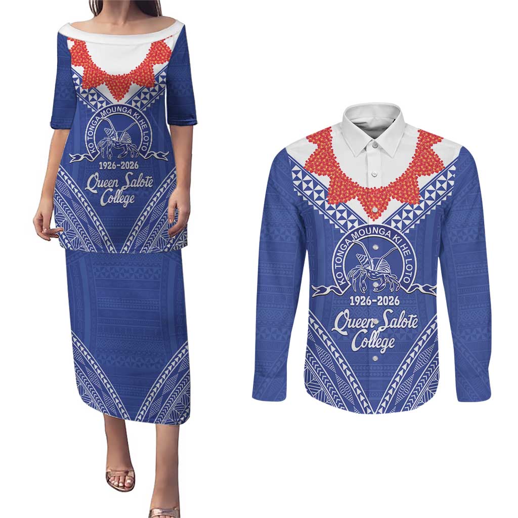 Queen Salote College 100 Years Personalized Couples Matching Puletasi and Long Sleeve Button Shirt Tonga QSC Heilala Lei Blue Ngatu Pattern LT14 Blue - Polynesian Pride