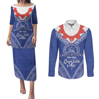 Queen Salote College 100 Years Personalized Couples Matching Puletasi and Long Sleeve Button Shirt Tonga QSC Heilala Lei Blue Ngatu Pattern LT14 Blue - Polynesian Pride