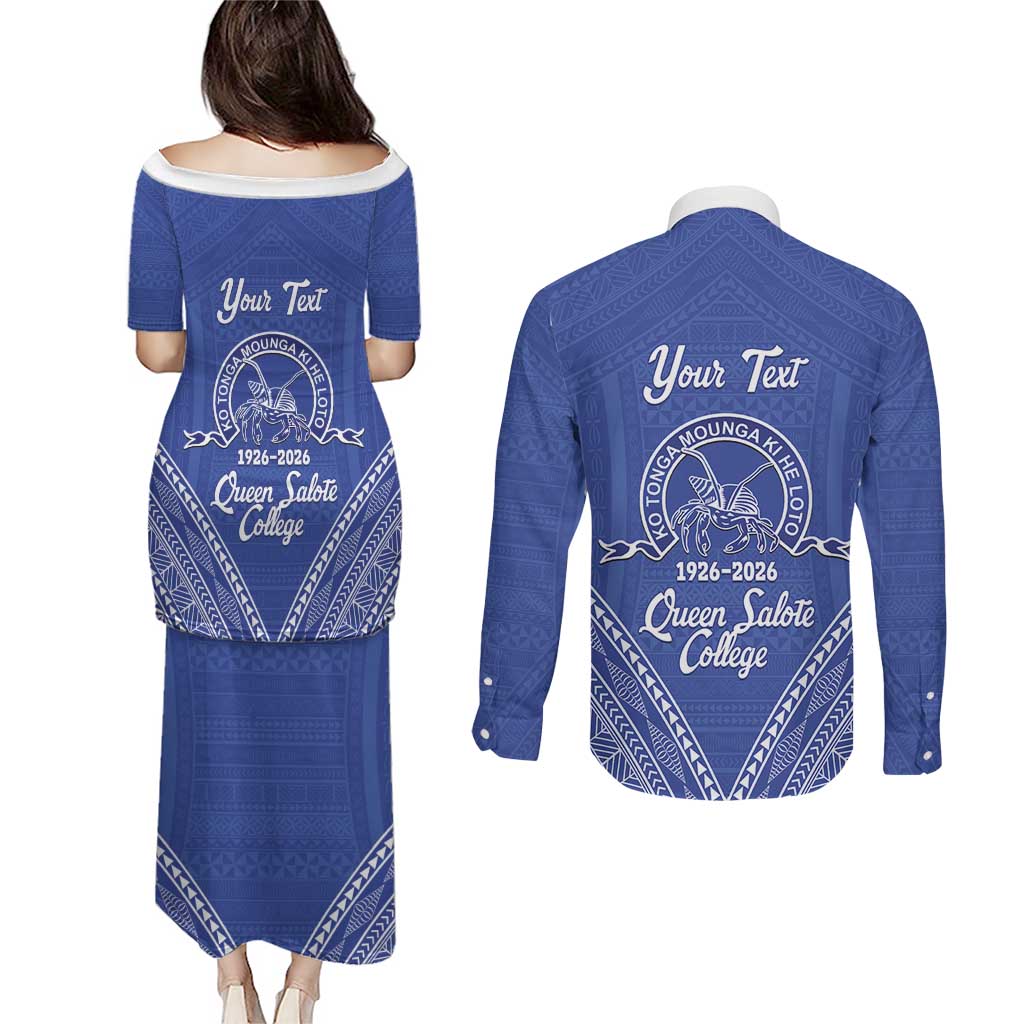 Queen Salote College 100 Years Personalized Couples Matching Puletasi and Long Sleeve Button Shirt Tonga QSC Heilala Lei Blue Ngatu Pattern LT14 - Polynesian Pride