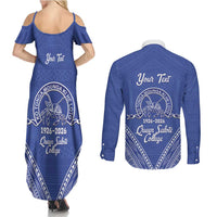 Queen Salote College 100 Years Personalized Couples Matching Summer Maxi Dress and Long Sleeve Button Shirt Tonga QSC Heilala Lei Blue Ngatu Pattern LT14 - Polynesian Pride
