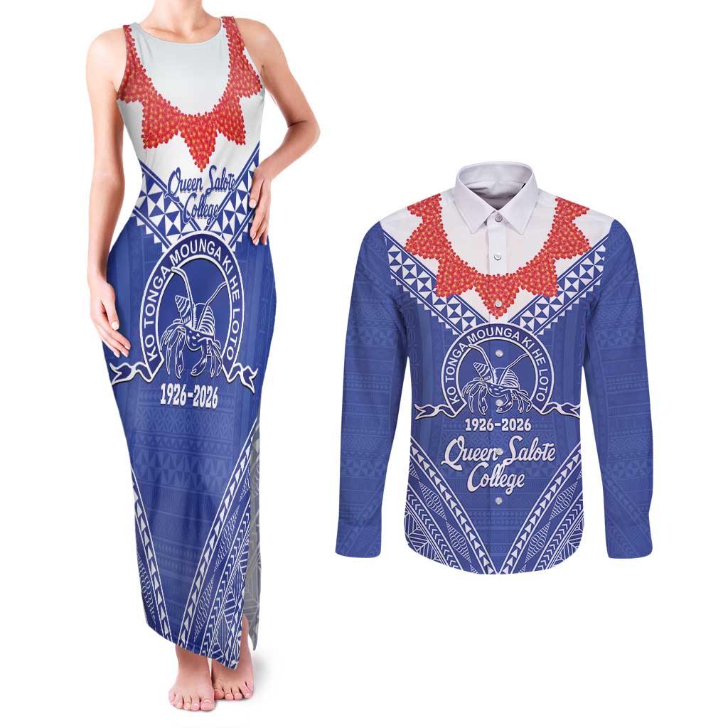 Queen Salote College 100 Years Personalized Couples Matching Tank Maxi Dress and Long Sleeve Button Shirt Tonga QSC Heilala Lei Blue Ngatu Pattern LT14 Blue - Polynesian Pride