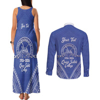 Queen Salote College 100 Years Personalized Couples Matching Tank Maxi Dress and Long Sleeve Button Shirt Tonga QSC Heilala Lei Blue Ngatu Pattern LT14 - Polynesian Pride