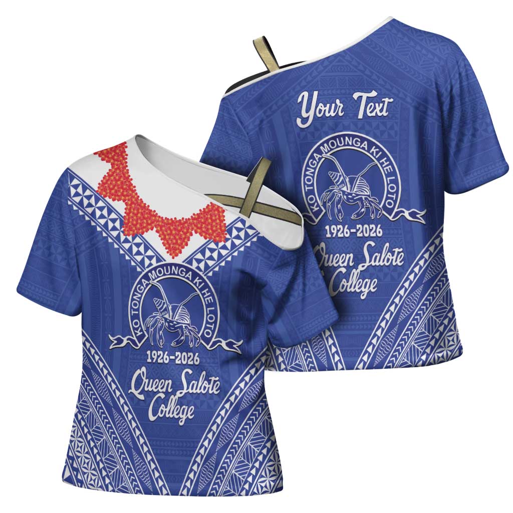 Queen Salote College 100 Years Personalized Cross Shoulder Shirt Tonga QSC Heilala Lei Blue Ngatu Pattern LT14 - Polynesian Pride