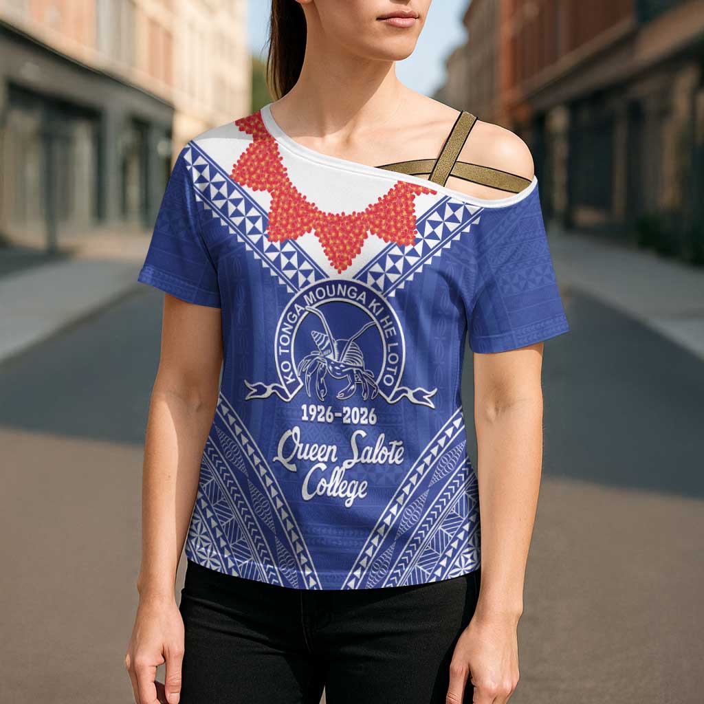 Queen Salote College 100 Years Personalized Cross Shoulder Shirt Tonga QSC Heilala Lei Blue Ngatu Pattern LT14 - Polynesian Pride