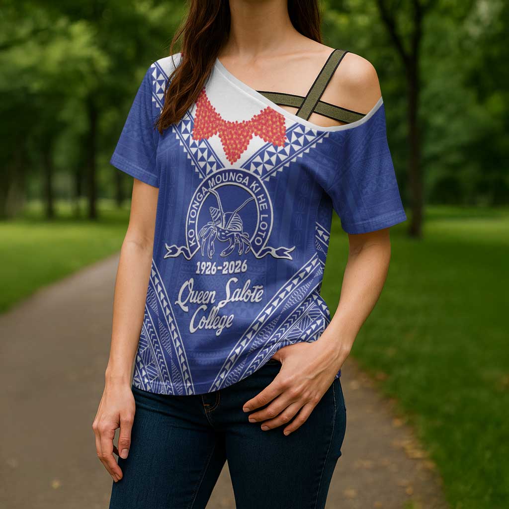 Queen Salote College 100 Years Personalized Cross Shoulder Shirt Tonga QSC Heilala Lei Blue Ngatu Pattern LT14 - Polynesian Pride