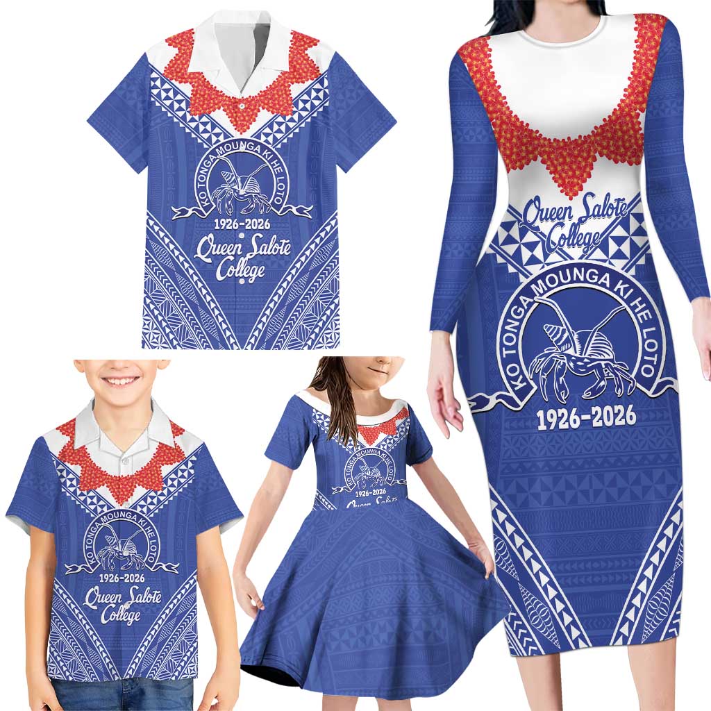 Queen Salote College 100 Years Personalized Family Matching Long Sleeve Bodycon Dress and Hawaiian Shirt Tonga QSC Heilala Lei Blue Ngatu Pattern LT14 - Polynesian Pride