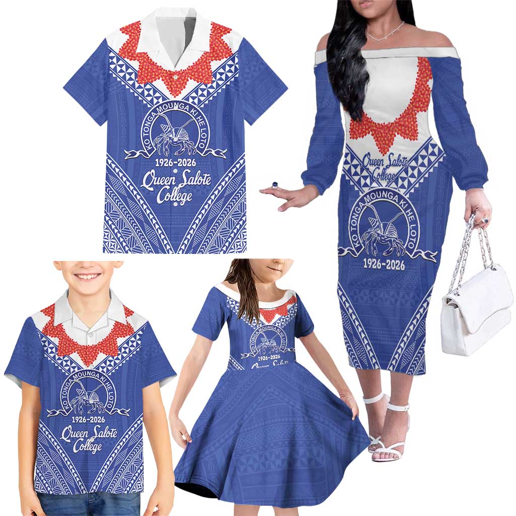 Queen Salote College 100 Years Personalized Family Matching Off The Shoulder Long Sleeve Dress and Hawaiian Shirt Tonga QSC Heilala Lei Blue Ngatu Pattern