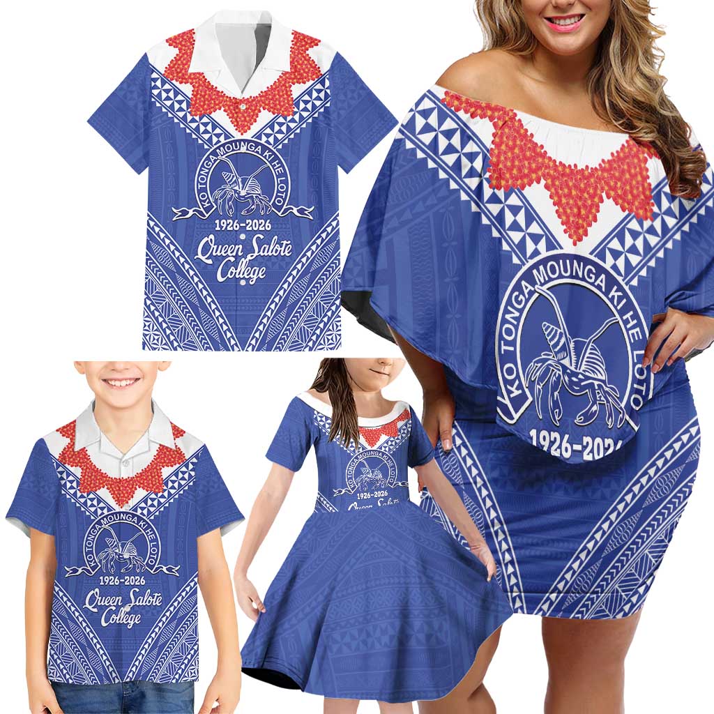Queen Salote College 100 Years Personalized Family Matching Off Shoulder Short Dress and Hawaiian Shirt Tonga QSC Heilala Lei Blue Ngatu Pattern LT14 - Polynesian Pride