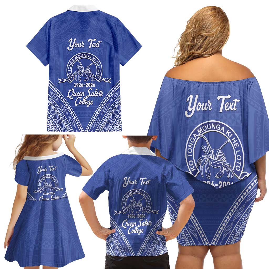 Queen Salote College 100 Years Personalized Family Matching Off Shoulder Short Dress and Hawaiian Shirt Tonga QSC Heilala Lei Blue Ngatu Pattern