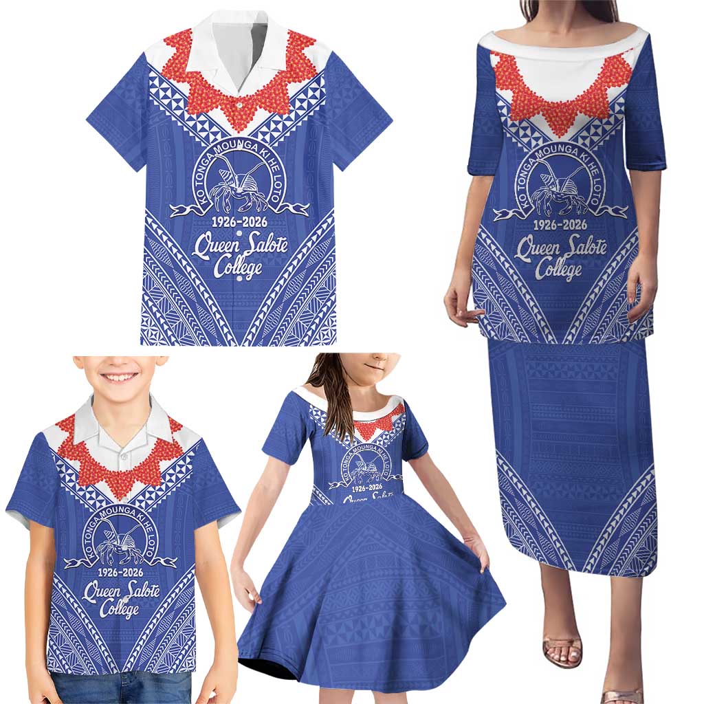 Queen Salote College 100 Years Personalized Family Matching Puletasi and Hawaiian Shirt Tonga QSC Heilala Lei Blue Ngatu Pattern LT14 - Polynesian Pride