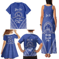 Queen Salote College 100 Years Personalized Family Matching Tank Maxi Dress and Hawaiian Shirt Tonga QSC Heilala Lei Blue Ngatu Pattern