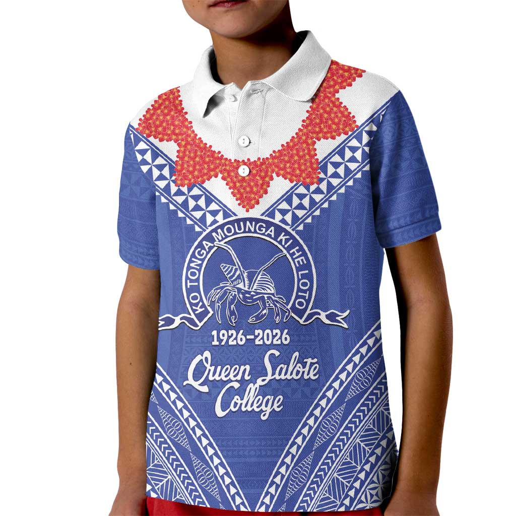 Queen Salote College 100 Years Personalized Kid Polo Shirt Tonga QSC Heilala Lei Blue Ngatu Pattern LT14 Kid Blue - Polynesian Pride
