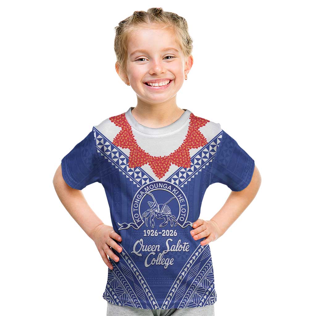 Queen Salote College 100 Years Personalized Kid T Shirt Tonga QSC Heilala Lei Blue Ngatu Pattern LT14 Blue - Polynesian Pride