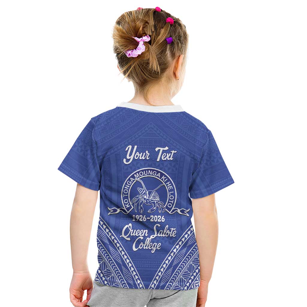 Queen Salote College 100 Years Personalized Kid T Shirt Tonga QSC Heilala Lei Blue Ngatu Pattern LT14 - Polynesian Pride