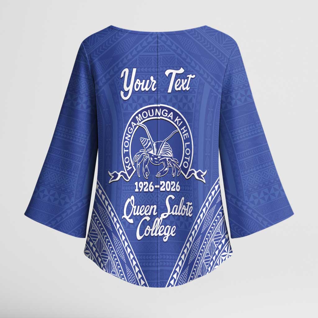 Queen Salote College 100 Years Personalized Kimono Sleeve Blouse Tonga QSC Heilala Lei Blue Ngatu Pattern LT14 - Polynesian Pride