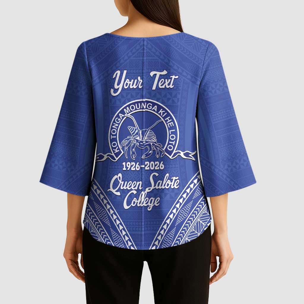Queen Salote College 100 Years Personalized Kimono Sleeve Blouse Tonga QSC Heilala Lei Blue Ngatu Pattern LT14 - Polynesian Pride