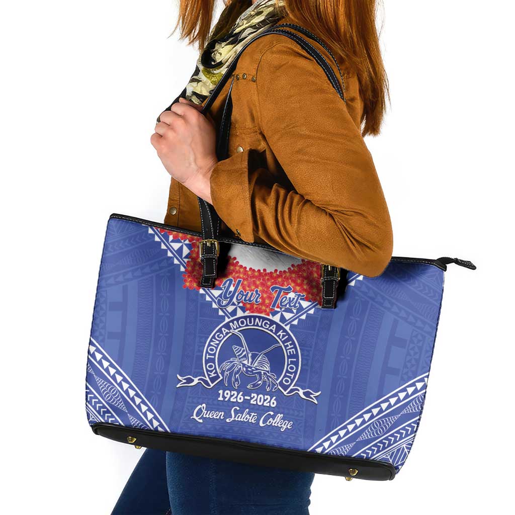 Queen Salote College 100 Years Personalized Leather Tote Bag Tonga QSC Heilala Lei Blue Ngatu Pattern LT14 Blue - Polynesian Pride