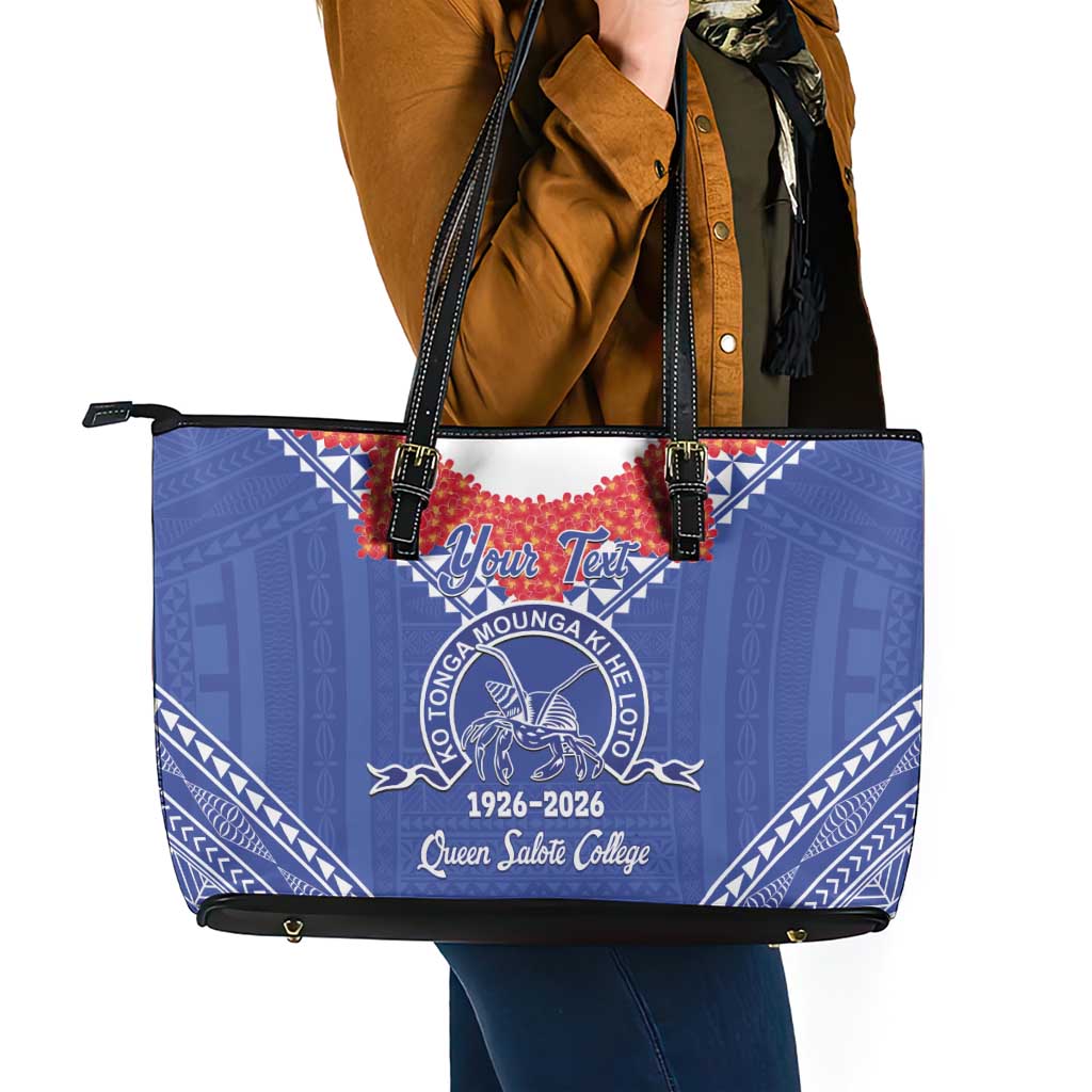 Queen Salote College 100 Years Personalized Leather Tote Bag Tonga QSC Heilala Lei Blue Ngatu Pattern LT14 - Polynesian Pride