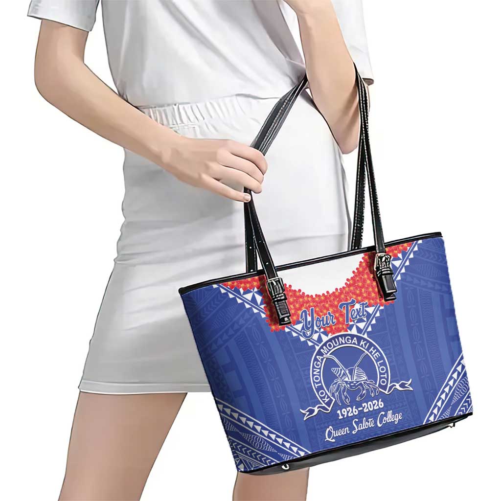 Queen Salote College 100 Years Personalized Leather Tote Bag Tonga QSC Heilala Lei Blue Ngatu Pattern LT14 - Polynesian Pride