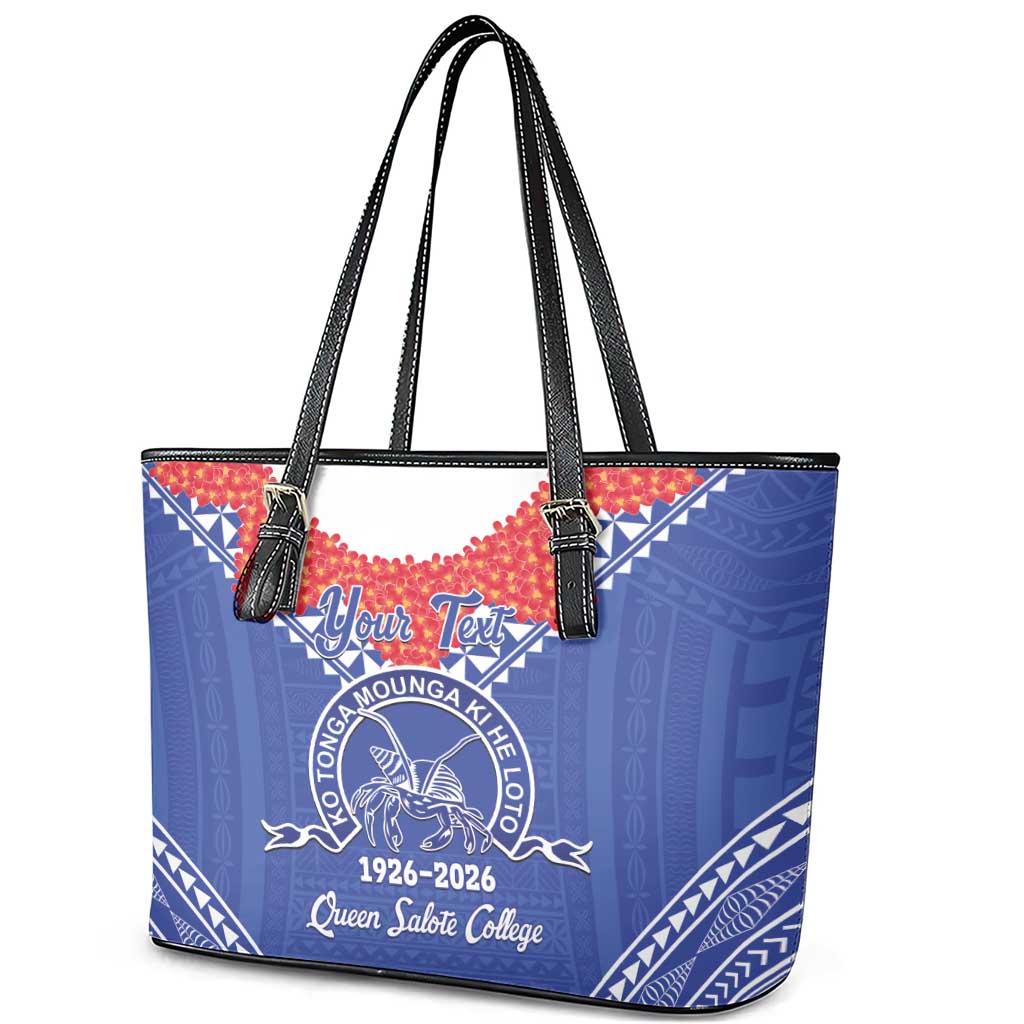 Queen Salote College 100 Years Personalized Leather Tote Bag Tonga QSC Heilala Lei Blue Ngatu Pattern LT14 - Polynesian Pride