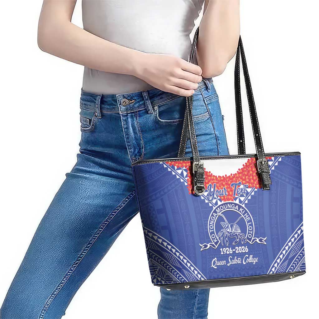 Queen Salote College 100 Years Personalized Leather Tote Bag Tonga QSC Heilala Lei Blue Ngatu Pattern LT14 - Polynesian Pride