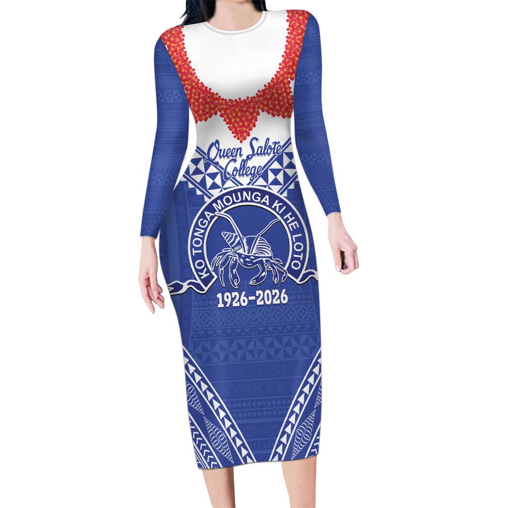 Queen Salote College 100 Years Personalized Long Sleeve Bodycon Dress Tonga QSC Heilala Lei Blue Ngatu Pattern LT14 Long Dress Blue - Polynesian Pride