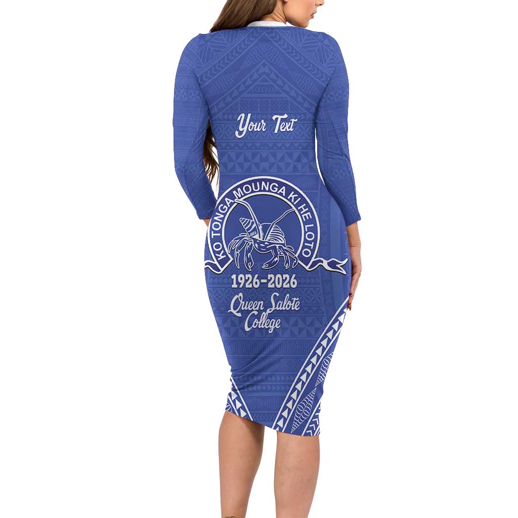 Queen Salote College 100 Years Personalized Long Sleeve Bodycon Dress Tonga QSC Heilala Lei Blue Ngatu Pattern LT14 - Polynesian Pride