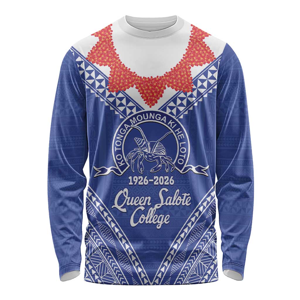 Queen Salote College 100 Years Personalized Long Sleeve Shirt Tonga QSC Heilala Lei Blue Ngatu Pattern LT14 Unisex Blue - Polynesian Pride