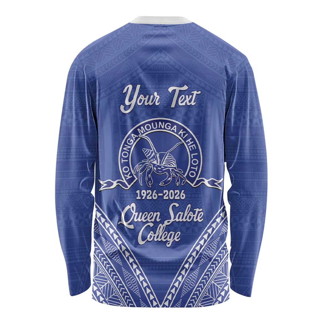 Queen Salote College 100 Years Personalized Long Sleeve Shirt Tonga QSC Heilala Lei Blue Ngatu Pattern LT14 - Polynesian Pride