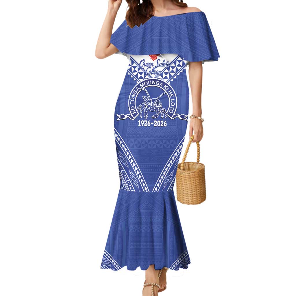Queen Salote College 100 Years Personalized Mermaid Dress Tonga QSC Heilala Lei Blue Ngatu Pattern LT14 Women Blue - Polynesian Pride