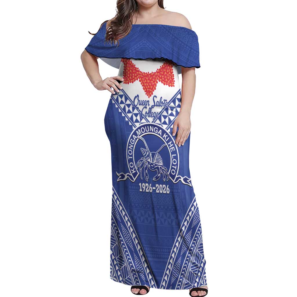 Queen Salote College 100 Years Personalized Off Shoulder Maxi Dress Tonga QSC Heilala Lei Blue Ngatu Pattern LT14 Women Blue - Polynesian Pride