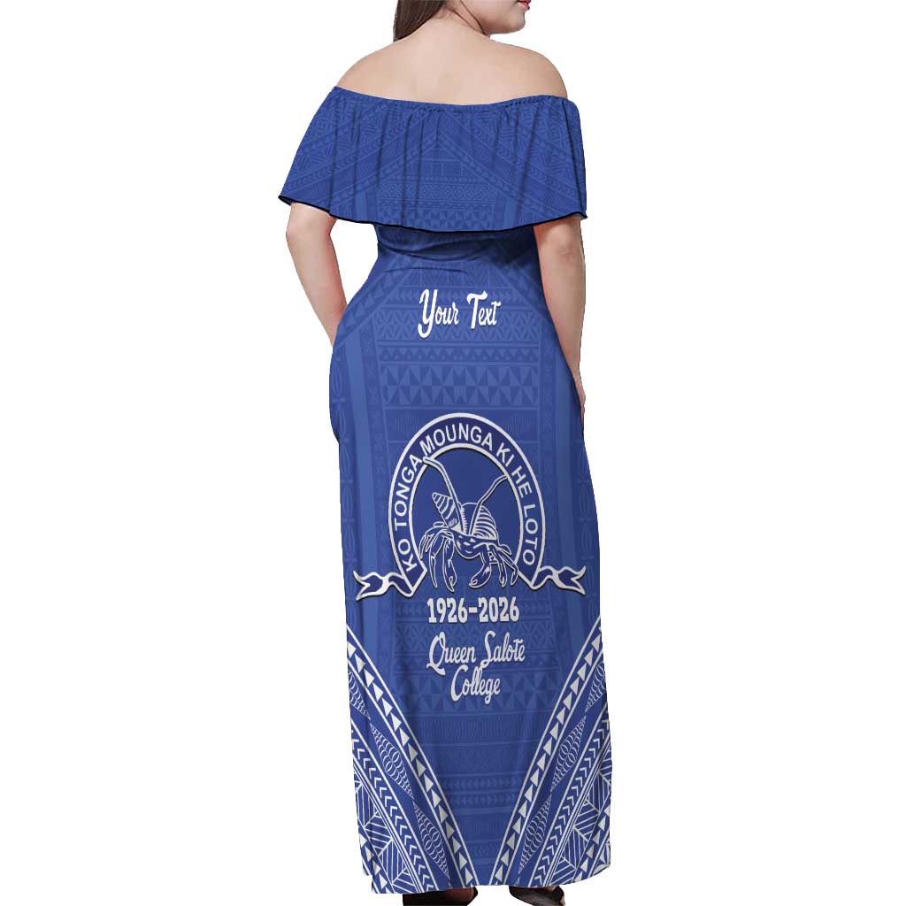Queen Salote College 100 Years Personalized Off Shoulder Maxi Dress Tonga QSC Heilala Lei Blue Ngatu Pattern LT14 - Polynesian Pride