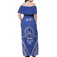 Queen Salote College 100 Years Personalized Off Shoulder Maxi Dress Tonga QSC Heilala Lei Blue Ngatu Pattern LT14 - Polynesian Pride