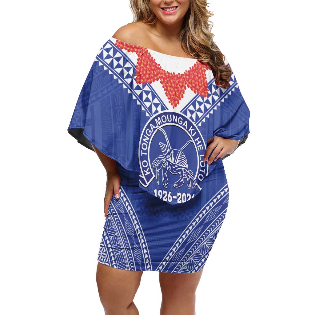 Queen Salote College 100 Years Personalized Off Shoulder Short Dress Tonga QSC Heilala Lei Blue Ngatu Pattern LT14 Women Blue - Polynesian Pride
